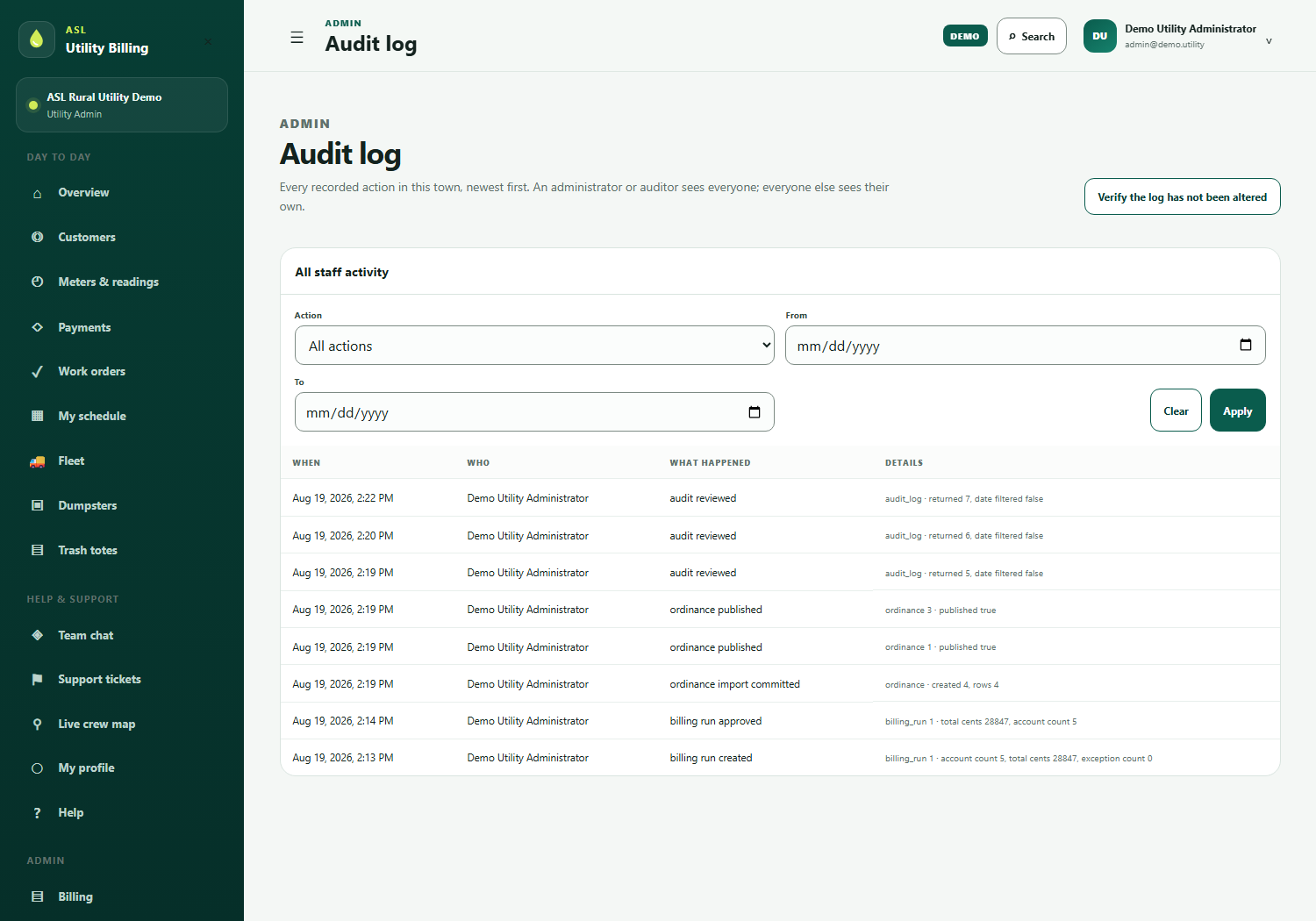 The Audit log: recorded actions newest first with who did each one, filters for action type and date range, and a button to verify the log has not been altered.
