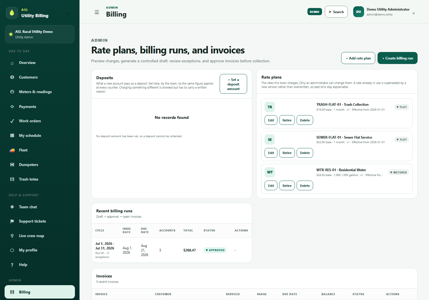 The Billing screen: rate plans and deposit amounts above recent billing runs and invoices.