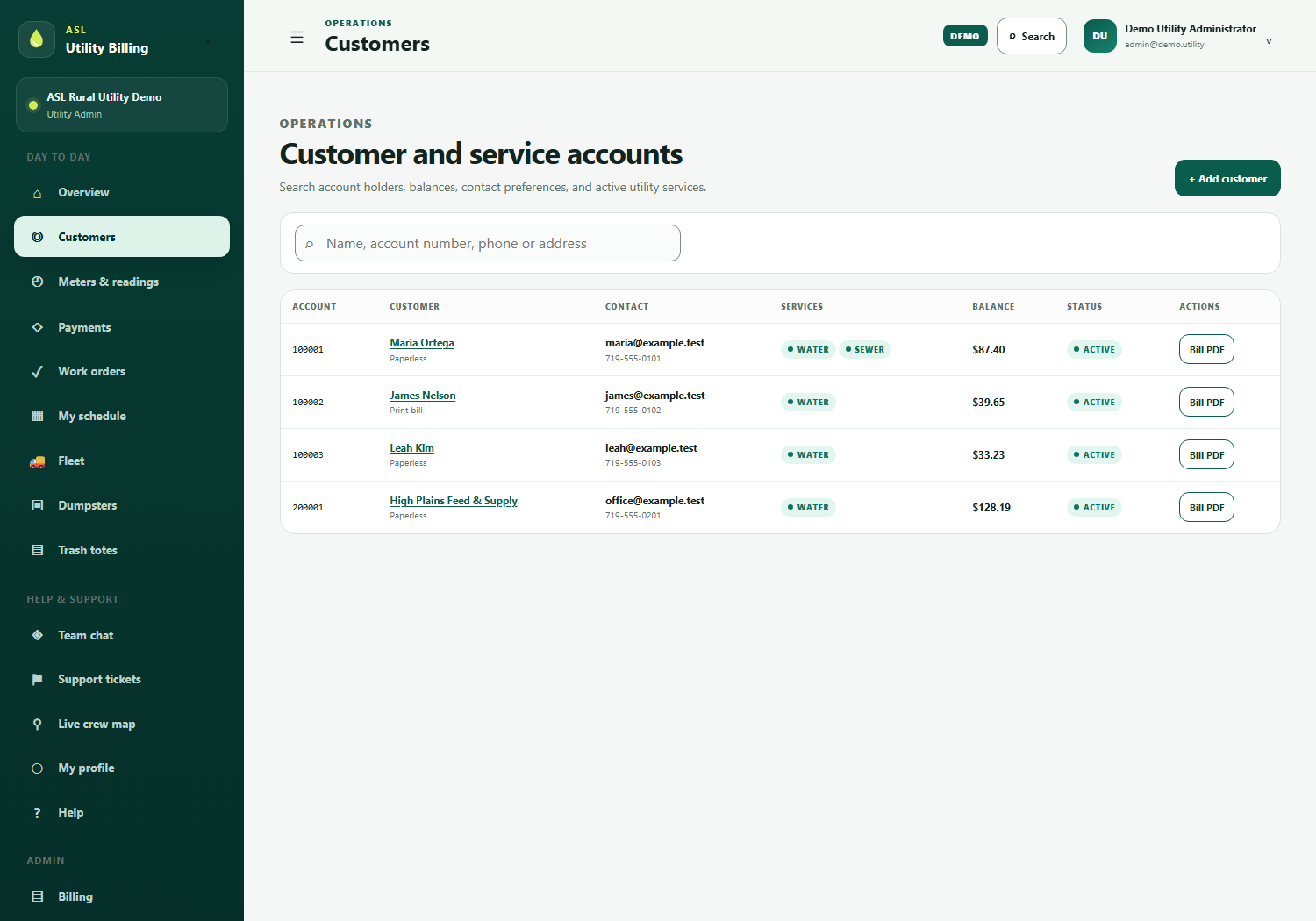 The Customers screen: a searchable list of utility accounts showing account number, name, services, balance and status.