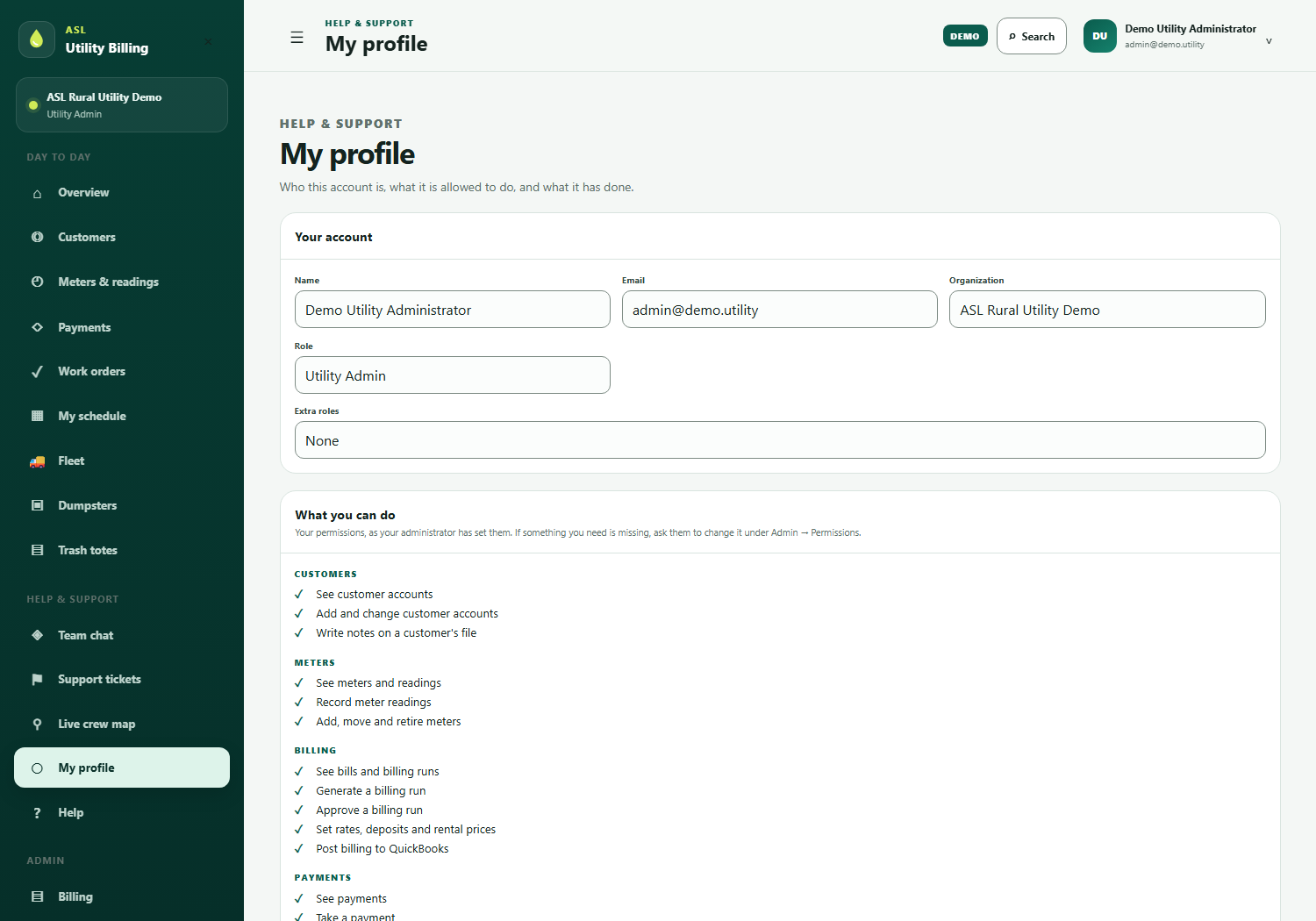 The My profile screen: the account's name, email, town and role, followed by a grouped list of that person's permissions in plain language.