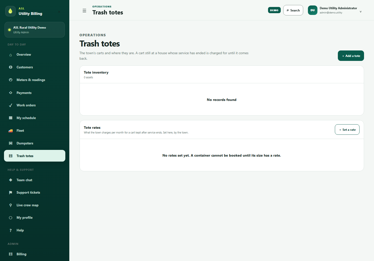 The Trash totes screen: inventory of carts with asset tag, size, status, which household has each one, and the monthly charge.